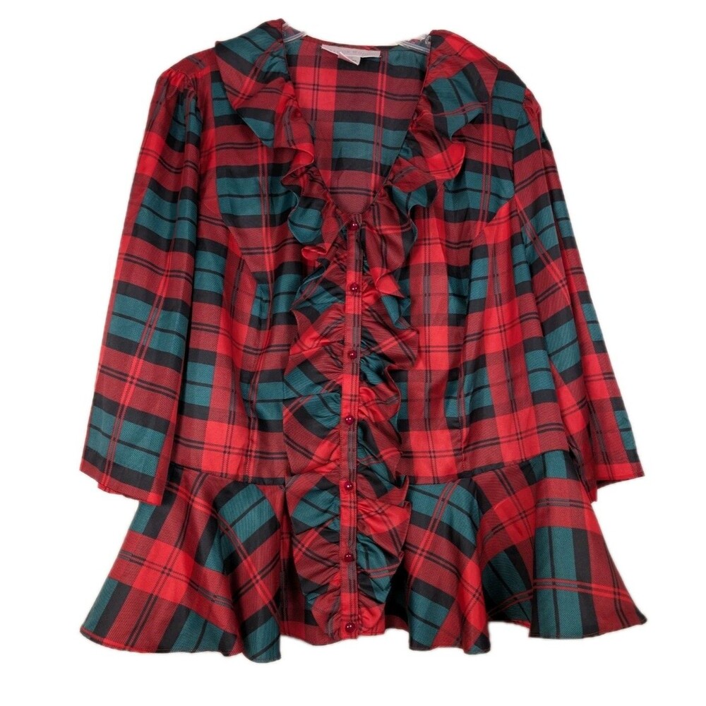 Allison Woods Women's 22W Plaid Ruffle Blouse 3/4 Sleeve Red Green Holiday